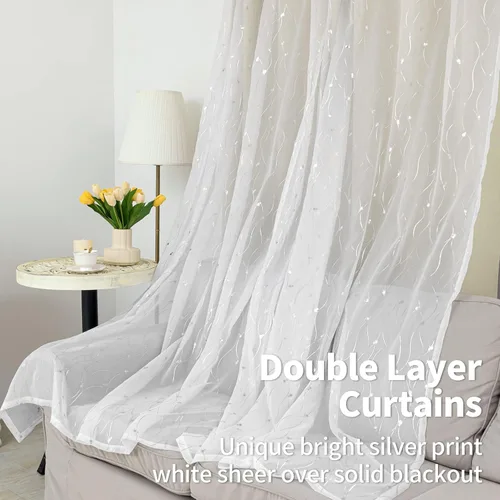 Vista 4 de BGment Cortinas de oscurecimiento de habitación con superposición transparente, cortinas de tul estampado plateado de doble capa para sala de estar