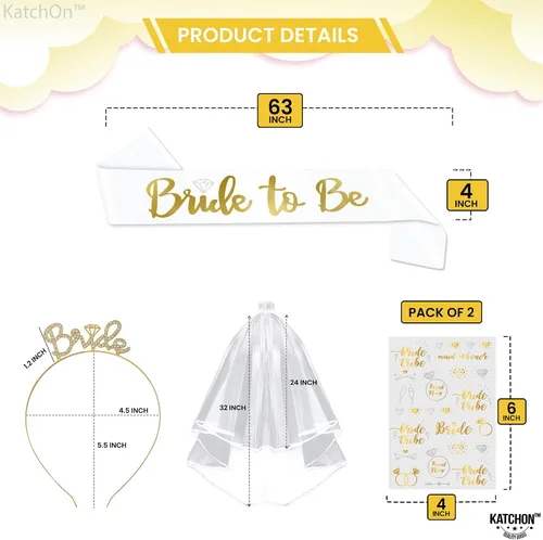 Vista 2 de KatchOn, Decoraciones doradas para despedida de soltera, paquete de 5, accesorios para novia, banda para la novia y tatuajes de novia, velo de boda