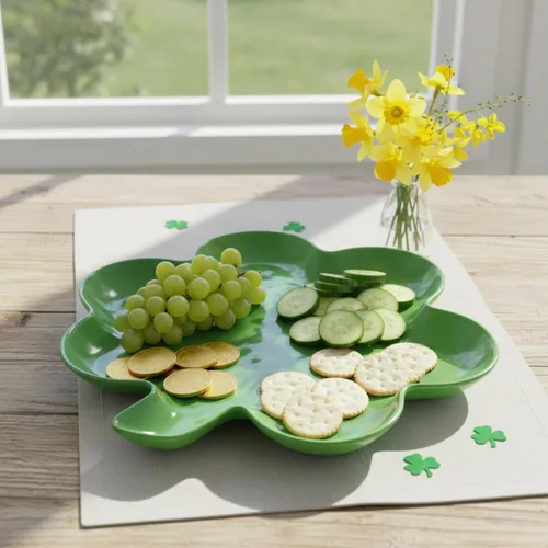 Vista 2 de UP Plato de melamina en forma de trébol, bandeja de fiesta del día de San Patricio, diseño de trébol festivo, para aperitivos, aperitivos y postres