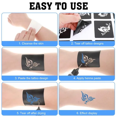 Vista 8 de Qpout Plantillas de tatuaje para niños y adultos, kit de plantillas de tatuaje de henna, diseño de plantillas de tatuaje pequeñas y grandes