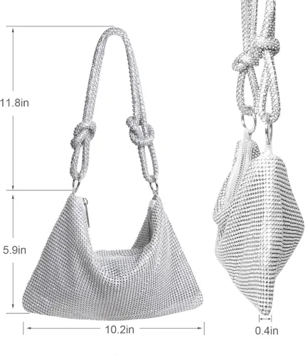 Vista 6 de BRZSACR Bolso de diamantes de imitación, bolso plateado para mujer, bolso de noche con diamantes de imitación de graduación 2022, 1 pieza
