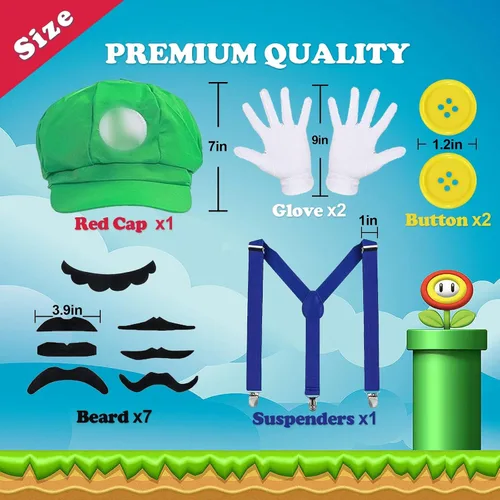 Vista 3 de Bros Mary & Luigi - Disfraz de sombrero de bigote, guantes y botones, disfraz de cosplay para adultos, mujeres, hombres y niños, disfraz de Halloween