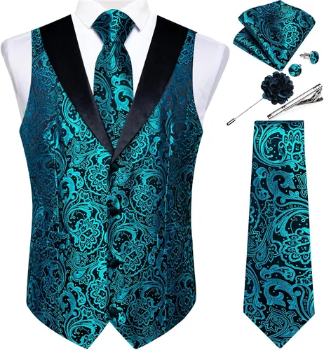 Vista 7 de DiBanGu Chaleco de traje de cachemira para hombre, chaleco jacquard de seda y corbata, chaleco formal de cuello de chal, 7 piezas para fiesta