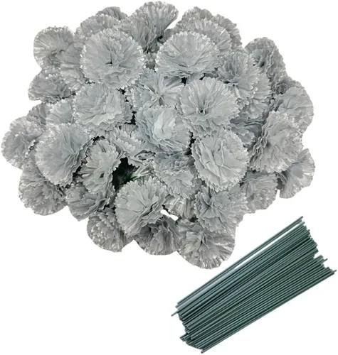 Vista 10 de Rikyo Juego de 50 cabezas de flores de clavel de seda artificial con tallos, rellenos de jarrón, cabezas de flores de caléndula para decoración