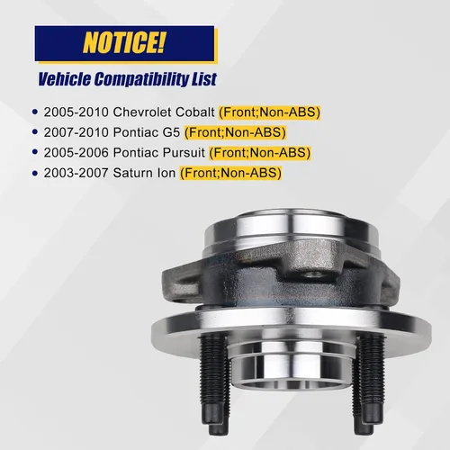 Vista 2 de KUSATEC 513205 Buje de rueda delantera y conjunto de cojinete 4 orejetas no ABS Compatible con Chevy Cobalt 2005-2010, Saturn Ion 2003-2007