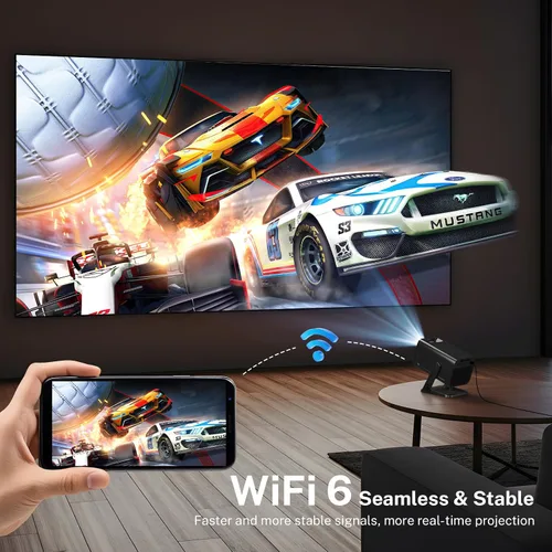Vista 5 de Mini proyector para dormitorio con WiFi y Bluetooth bidireccional 1080P 4K soporte inteligente Android TV OS Aplicaciones integradas Keystone