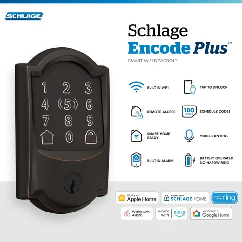 Vista 2 de Schlage Encode Plus Smart WiFi - Cerradura de cerrojo para desbloquear, bronce envejecido