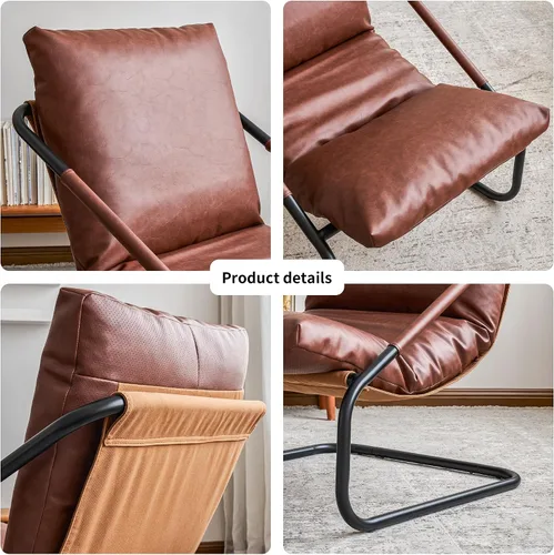 Vista 4 de Sillón cómodo para sala de estar de 27.56 pulgadas de ancho, sillón de estilo vintage, con cojín de cuero marrón profundo y marco de metal.