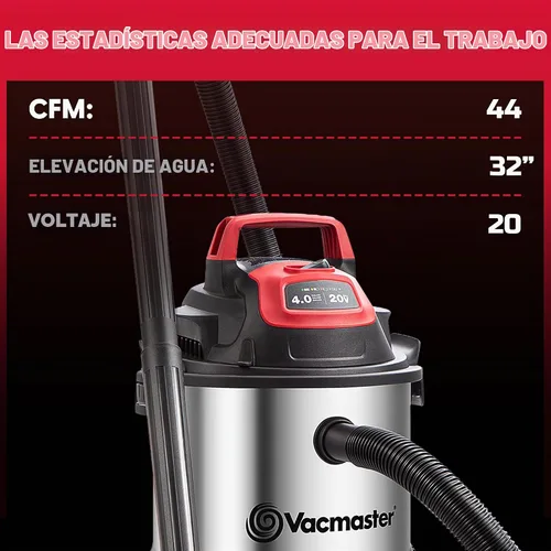 Vista 7 de Vacmaster DVOM204S 1101 4-Gal 20V Inalámbrico Acero Inoxidable Aspiradora Seca Roja