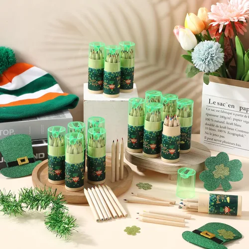 Vista 7 de Fumete Paquete de 32 mini lápices de colores del día de San Patricio, lápiz para colorear a granel con sacapuntas en tubo de dibujo, lápices