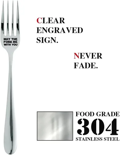 Vista 3 de May The Fork Be With You, divertido tenedor de postre de acero inoxidable grabado con caja de regalo