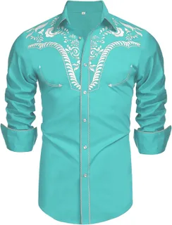 Daupanzees Camisas bordadas de manga larga para hombre, ajustadas, casuales, con botones
