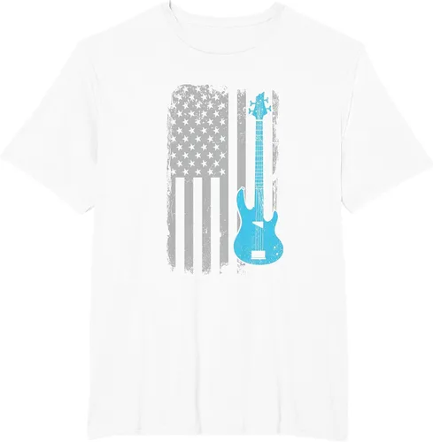 Vista 72 de Electric Bass Guitar Player American Flag Musician T-Shirt Asphalt Grey