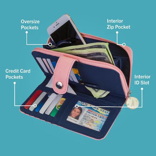 Vista 3 de Nautica Be Shore - Cartera RFID de piel vegana para mujer, con cremallera alrededor, funda delgada grande para teléfono y organizador de tarjetas
