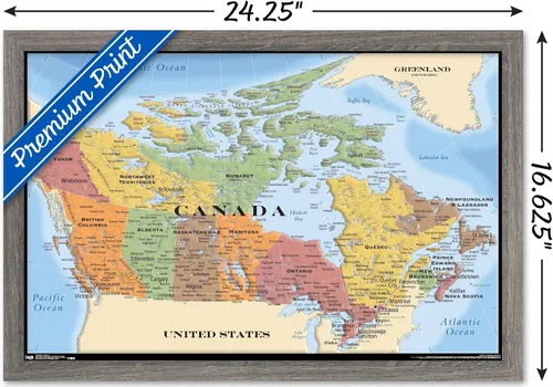 Vista 3 de Trends International Map - Póster de pared de Canadá de 14.725 x 22.375 pulgadas, versión con marco en color madera rústica