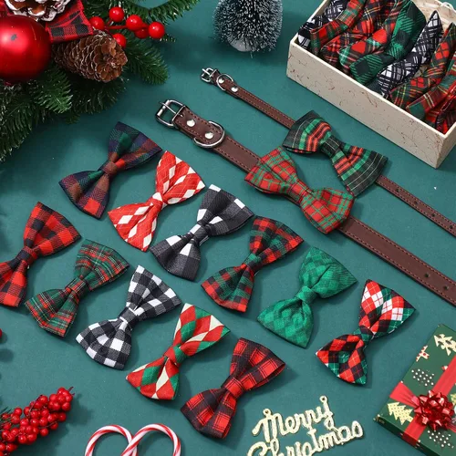 Vista 5 de Silkfly 60 piezas de collar de perro a cuadros de Navidad, corbatín a granel, accesorios de vacaciones, lazos para cachorros, collares desmontables