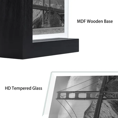 Vista 3 de Lavezee Paquete de 2 marcos de fotos de 4 x 6 pulgadas, hechos de base de madera negra en forma de L con vidrio, imágenes de fotos de doble cara