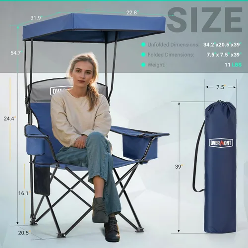 Vista 7 de Overmont - Silla de camping con toldo de 330 libras, silla de playa plegable resistente con bolsa enfriadora de 3 L, soporte de respaldo alto