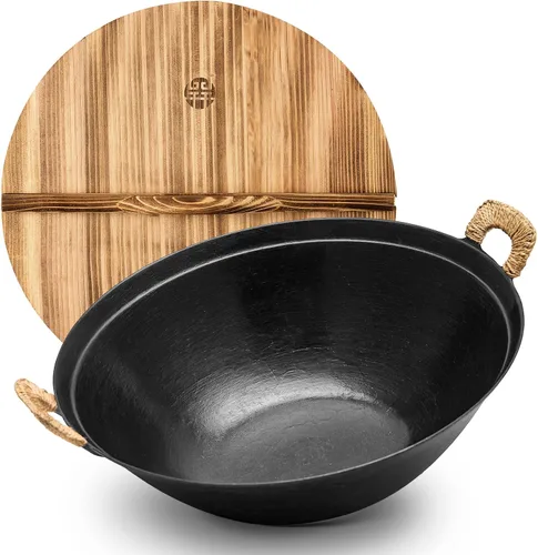 Vista 10 de WANGYUANJI Wok de hierro fundido hecho a mano de 11.8 pulgadas con asas dobles, pequeño wok chino de fondo redondo para 1 a 2 porciones, sartén sin