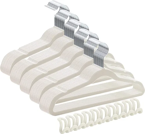 Vista 9 de Paquete de 50+10 perchas de terciopelo antideslizantes para ropa para trajes, perchas para ahorrar espacio, 15 ~ 20 libras, resistentes de 17.5 Negro