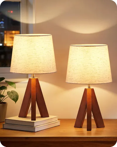 Vista 14 de Juego de 2 lámparas de mesa trípode pequeñas, lámpara moderna de mesita de noche con pantalla de tela, luz de escritorio de madera estilo bohemio