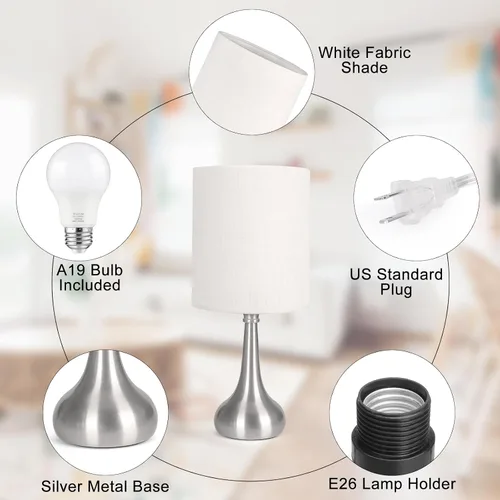 Vista 3 de Lámpara de mesa con control táctil, lámpara de noche regulable de 3 vías, lámpara de luz simple con pantalla de lámpara blanca y base de metal