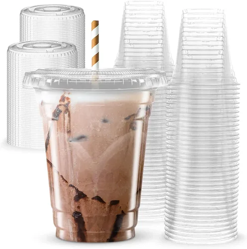 Vista 11 de Vasos de plástico transparente con tapas, sin BPA, 20 onzas, tazas de café desechables con borde enrollado, 100 piezas para oficina, tienda