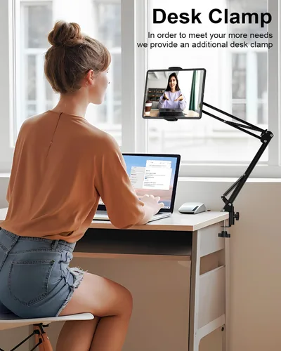 Vista 5 de Soporte de suelo para tablet con base estable de 11 libras y abrazadera de escritorio, brazo giratorio de altura ajustable, compatible con iPhone