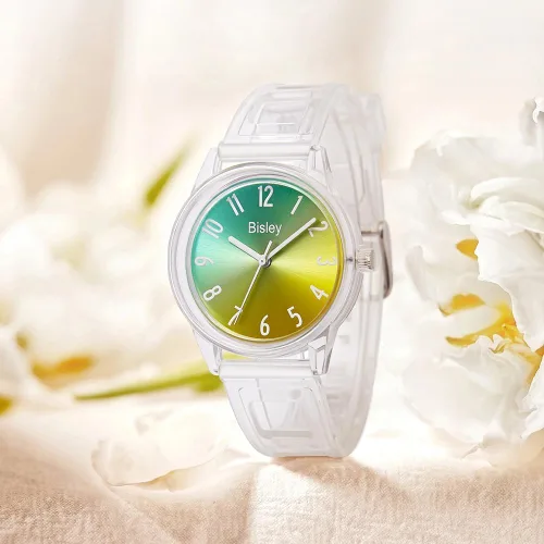 Vista 2 de Reloj transparente para mujer, colorido esfera de arco iris, reloj analógico, simple e impermeable para niñas