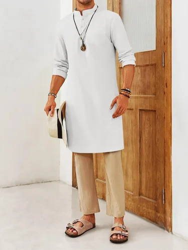 Vista 5 de Bata de caftán para hombre, con botones, manga larga, estilo Henley, de algodón, casual, con abertura lateral Blanco