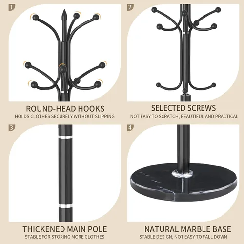 Vista 3 de Perchero de Metal con Soporte, Perchero Moderno Independiente con Base de Mármol Natural, Perchero y Árbol de Pasillo para Colgar en Entrada