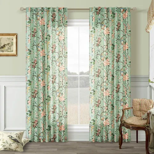 Vista 49 de Cortinas de lino de pájaro floral azul 2 paneles de 72 pulgadas de largo Aqua Blue