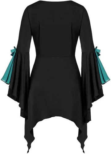 Vista 2 de LOKODO Disfraz gótico de Halloween para mujer talla grande blusa de manga larga con lentejuelas con cordones túnica vestido de baile