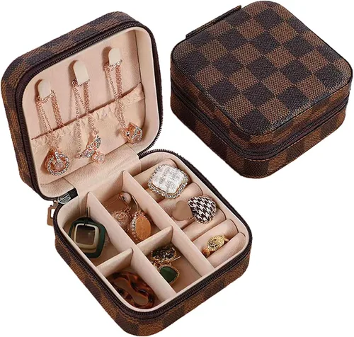 Vista 7 de Jemjosh Caja de joyería de viaje pequeña, caja portátil de cuero para joyería a cuadros, organizador de anillos, caja de almacenamiento, cajas