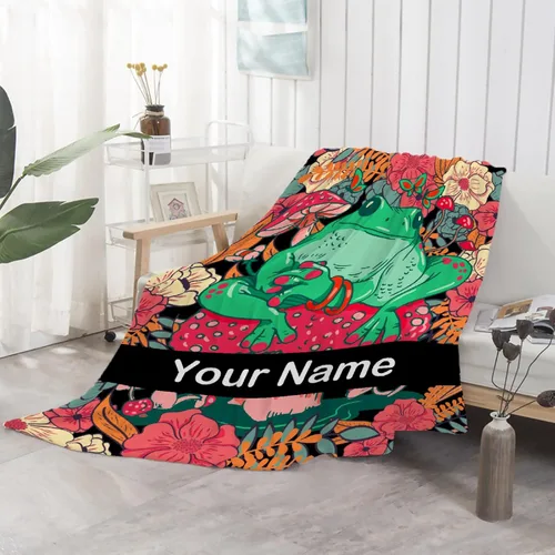 Vista 4 de Anuruddha Manta personalizada con nombre, manta de franela con nombre personalizado de rana floral, esponjosa, acogedora, manta de hongo y rana