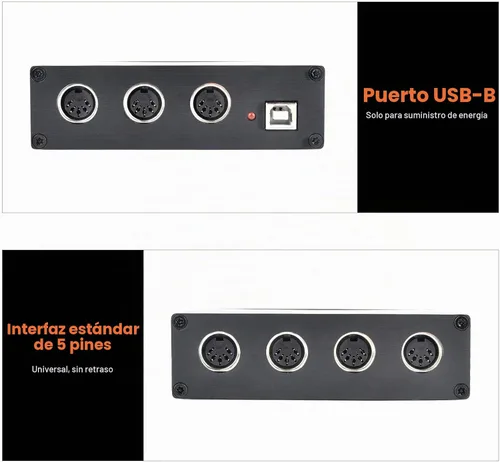 Vista 4 de MIDI Thru 6 Box USB MIDI Interfaz 1 en 6 salidas con cable Transmisión con Optoacoplador de alta velocidad MIDI Splitter, Plug-and-play