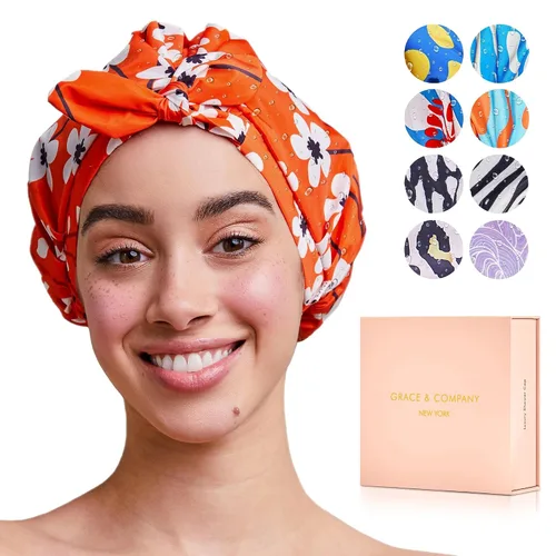 Vista 8 de GRACE & COMPANY Gorro de ducha de lujo para mujer, 100% impermeable, reutilizable, lavable y transpirable, diseño de pájaros del paraíso