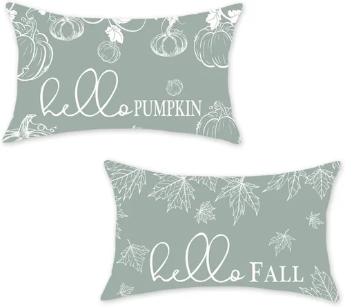 Vista 8 de ONWAY - Juego de 2 fundas de almohada de otoño de 16 x 16 pulgadas, color naranja calabaza con texto "Hello Fall" Hello Fall Hello Pumpkin Maple
