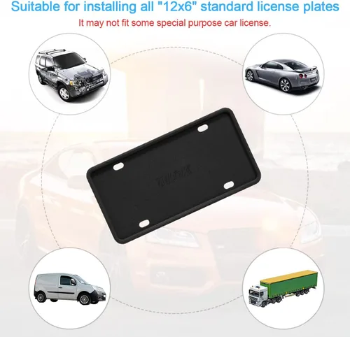 Vista 6 de Marco de matrícula de silicona negra con agujeros de drenaje, soporte universal para matrícula de automóvil de EE. UU. Resistente al óxido, a prueba