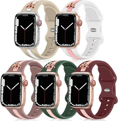 Vista 7 de 5 Pack Designer Sport Bands Compatible with Apple Watch Band 38mm 40mm 42mm 44mm 45mm 46mm 49mm Women,Bee Decoration Silicone Band for iWatch Series