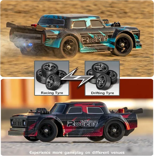 Vista 5 de Coche de deriva RC 1/16, 35 KM/H 4WD de alta velocidad con motor 380, dos baterías y luz LED y aerosol, auto RC de 2.4 GHz para adultos y niños
