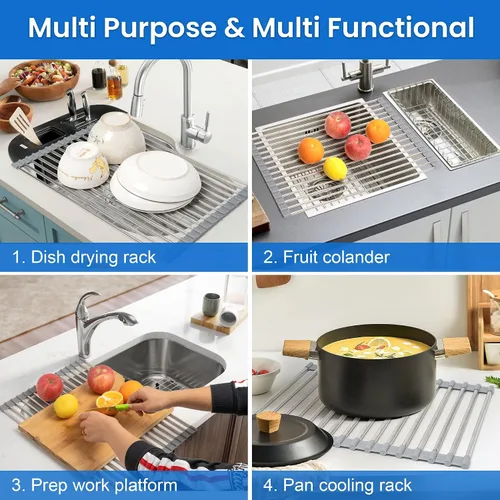 Vista 7 de Escurridor de platos enrollable de acero inoxidable 304 Romise Adjustable Over The Sink Dish Drying Rack for Kitchen, 10"-20" Foldable Dish Rack