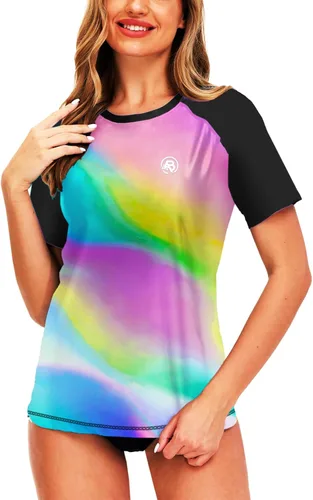 Vista 83 de AOBUTE Camisetas de natación de manga corta para mujer con protección solar degradada