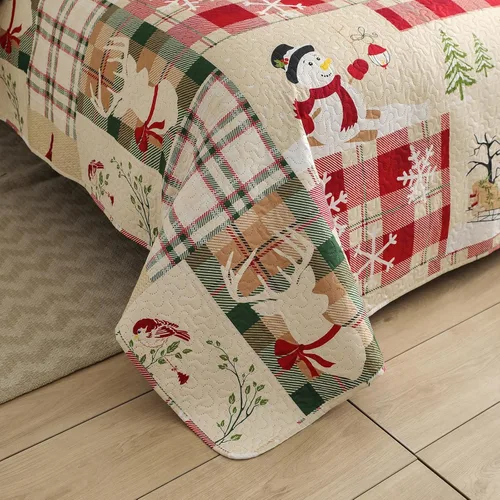 Vista 4 de Juego de colchas navideñas de tamaño queen, reversible, ropa de cama de Navidad rústica, colcha de cabaña, a cuadros, colcha transpirable, reno