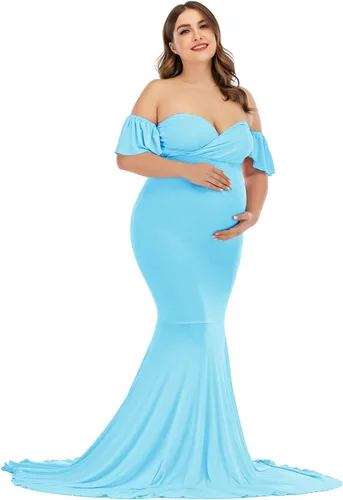 Vista 4 de ZIUMUDY Vestido de maternidad con hombros descubiertos y elegante para sesión de fotos, vestido de sirena envolvente para baby shower