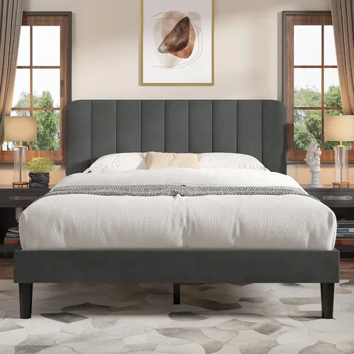 Vista 8 de VECELO Base de cama tapizada de tamaño matrimonial con 4 cajones y cabecero, plataforma de terciopelo, soporte de listones de madera, no necesita