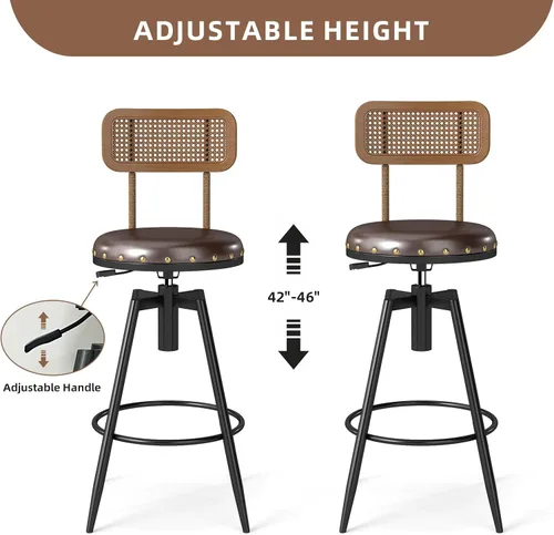 Vista 3 de Taburete de bar giratorio ajustable de 42 pulgadas con respaldo, taburetes rústicos de altura de bar, silla de bar de 360 grados para comedor, isla