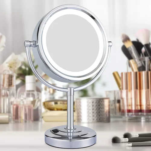 Vista 2 de GURUN Espejo de maquillaje con iluminación LED de 8.5 pulgadas con aumento de 10 aumentos de doble cara, con enchufe de acabado cromado M2208D