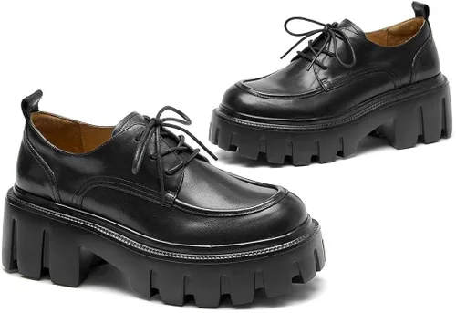 Vista 3 de Beau Today - Zapatos Oxford gruesos para mujer con cordones de cuero perforado