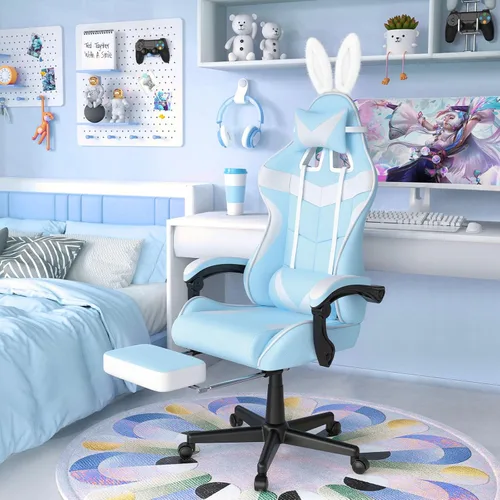 Vista 2 de Soontrans Silla de juegos azul claro con reposapiés, bonita silla de videojuegos de conejo, silla de escritorio Kawaii para nieta, hermana, novia